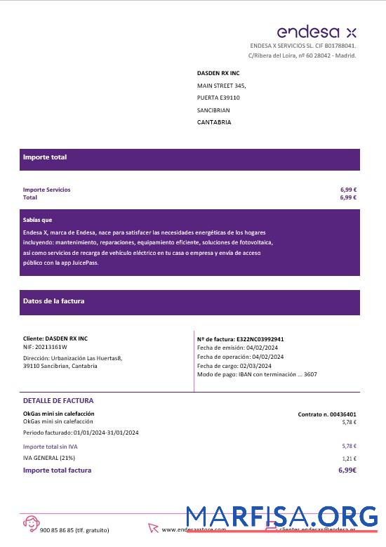 Realistic Spain Barcelona Endesa X electricity business utility bill Word and PDF formats example